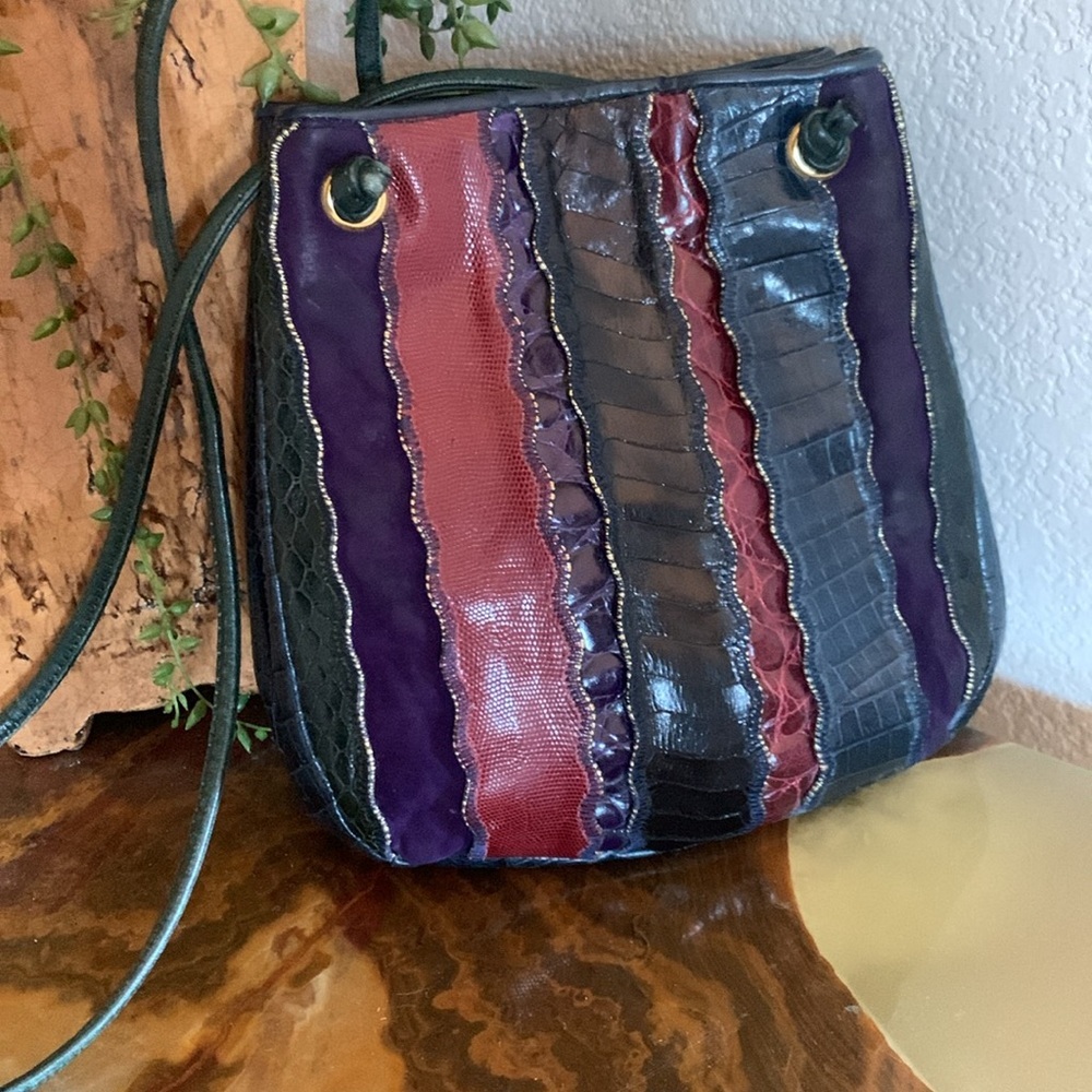 SHARIF vintage shoulder bag, strips of leather & suede, navy, maroon, purple VTG - Picture 5 of 17